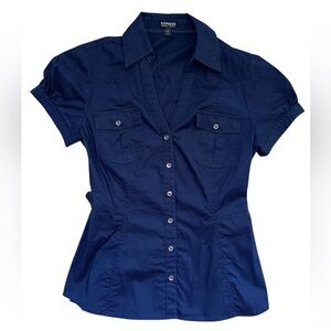 Express Navy Short Sleeve Button-Front Blouse Size: Small